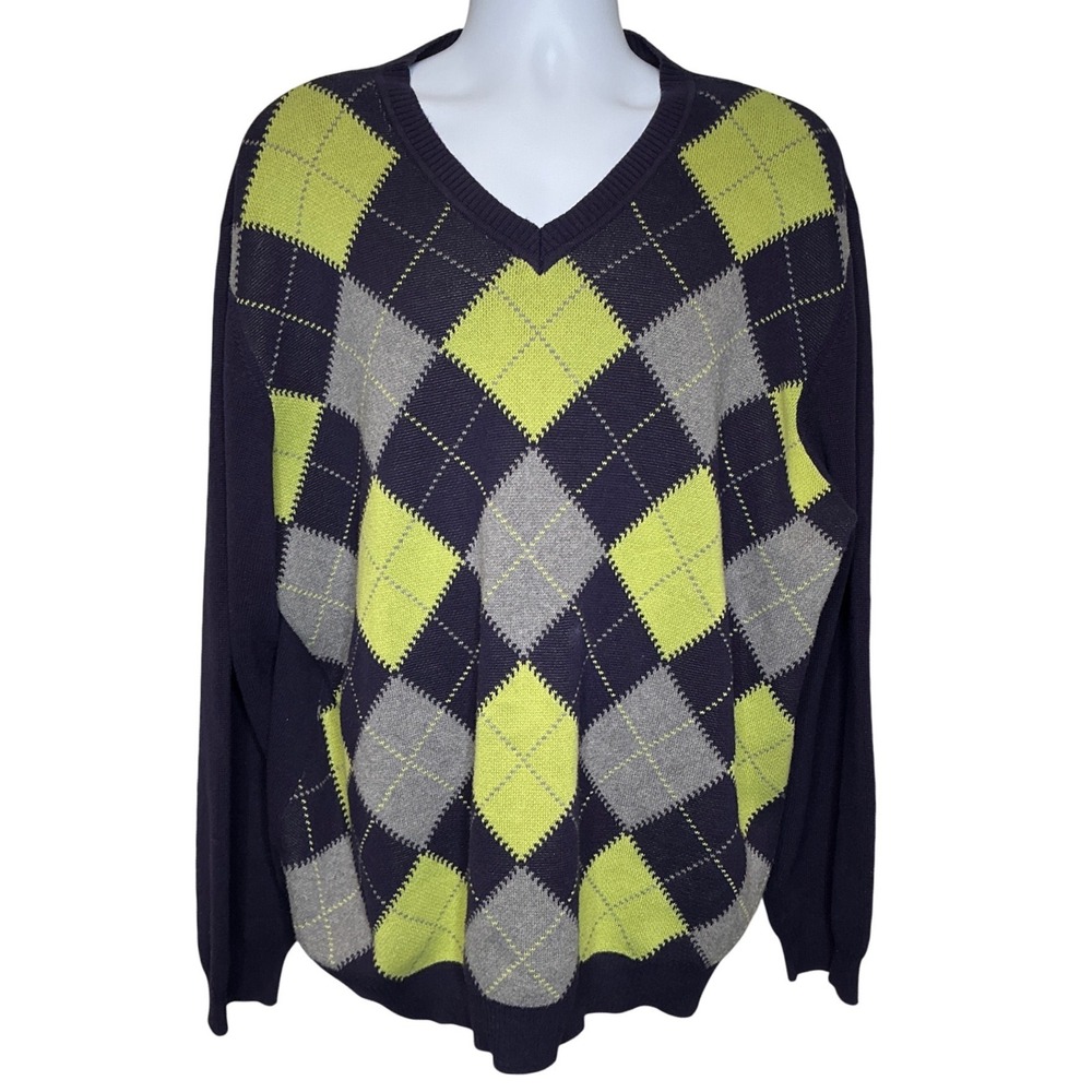 Vintage ARROW Y2K Mens V Neck Argyle Sweater Sz XL Navy Green Preppy Heritage